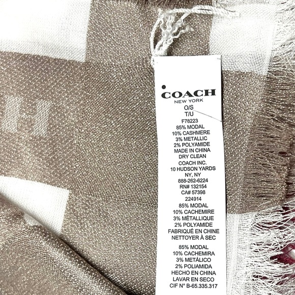 COACH Soft Cashmere Blend Plaid Red White Tan Shimmer Fringe Oversized Scarf NEW - Picture 5 of 5